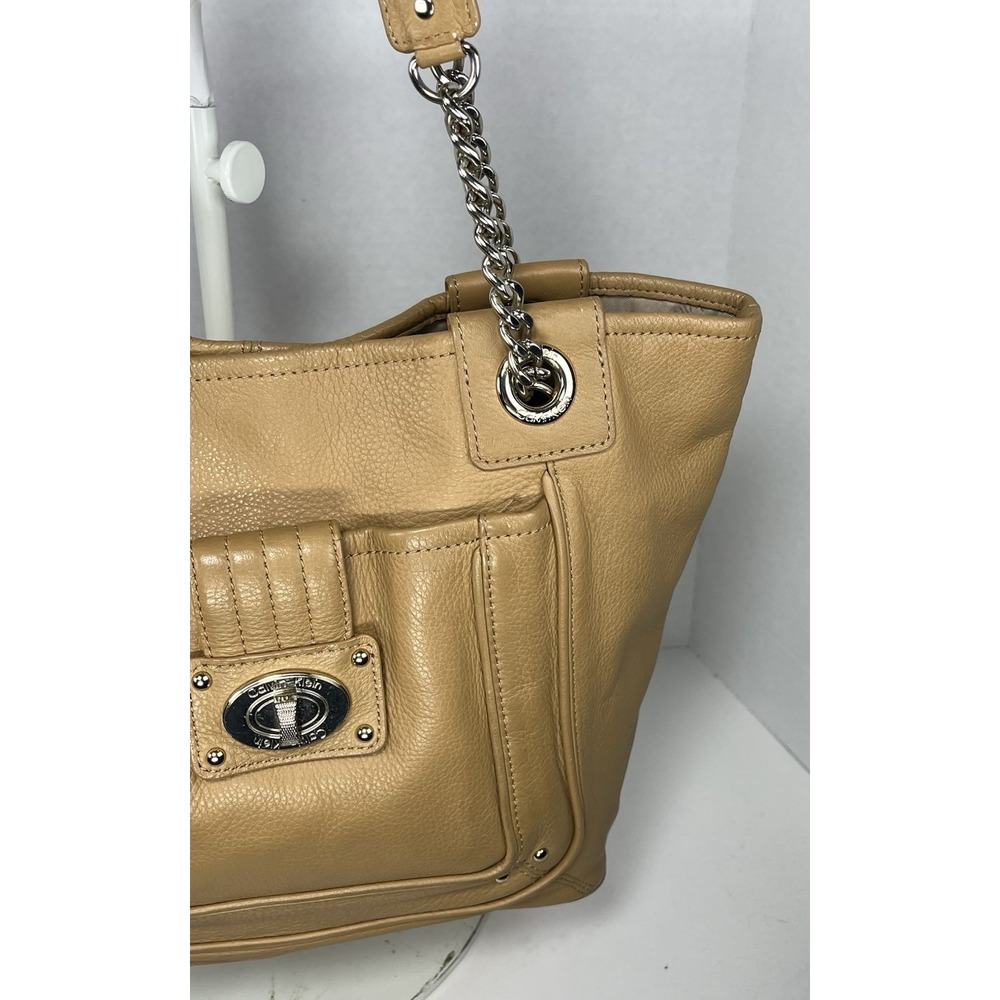 Calvin Klein Womens Leather Tote Purse Tan TurnLock Pocket Minimalist Half Chain - Picture 4 of 11